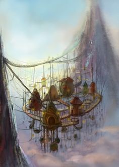 an artistic painting of a futuristic city in the sky