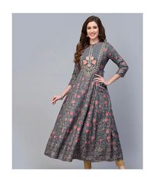 Embroidered Grey Anarkali Flared Kurti Kurta Top, Long Kurti, Rayon Kurti, Gift for Mum, Gift For Her, Indian Kurti, Festive Kurti, Eid Kurti, Ethnic wear, Party Wear Kurti, Anarkali Kurti Please note the length of the dresses as the Model's height is approximately 5 ft 6 inches tall.  Please consider before placing your orders Viscose Rayon Soft Material Hand Wash Embroidery Design Buttons only for Show . Hook Behind the First Button  Flared Anarkali Kurti 3/4 Sleeves Round Neck Length Shoulder Festive Kurti, Kurti Anarkali, Flared Kurti, Grey Anarkali, Flared Anarkali, Party Wear Kurti, Kurta Top, Rayon Kurti, Indian Kurti