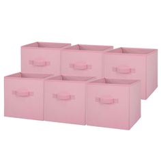 six pink storage boxes with handles on each side