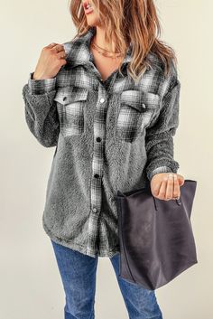 Gray Plaid Patchwork Buttoned Pocket Sherpa Jacket Mid Rise Flare Jeans, Drop Sleeve, Ripped Boyfriend Jeans, Long Jeans, Stylish Jackets, Sherpa Jacket, Brown Plaid, Plaid Fashion, Gray Plaid