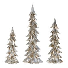 three metal christmas trees on a white background