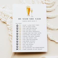 a card that says he said she said with two glasses of beer next to it