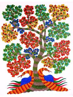 two birds sitting on top of a tree with colorful leaves and flowers in the branches