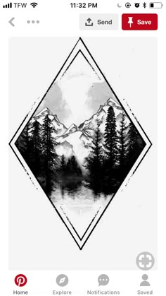 an iphone screen with the image of mountains and trees in black and white on it