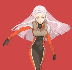 an anime character with long white hair and wings on her head, standing in front of a red background