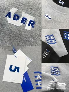 four different t - shirts with the word ader printed on them and tags attached to them