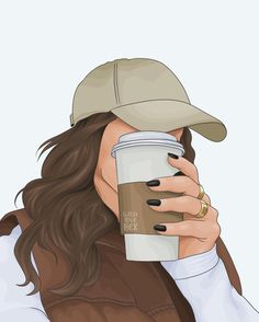 a woman holding a cup of coffee while wearing a baseball cap and brown jacket with her hand on her face