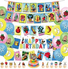 a happy birthday banner with pictures and balloons