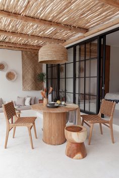 a living room filled with furniture next to a patio covered in wicker coverings