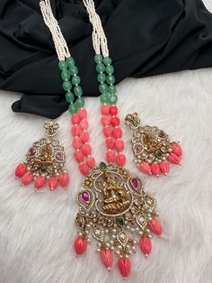 Goddess Lakshmi Victorian Pendent Pink Tulip Beads Pearls Necklace Multi Color Necklace in Victorian Mehendi Finish pendent and Earrings Necklace Length : 24 Inches;  Earring Length : 2.5 Inches Approx. Push Back Free Shipping with in USA Delivery time 2-5 days. Natural semi precious Beads are used in the necklace, color and shape of beads may vary slightly. All pictures of the product are original and personally taken by us in natural light. Please let me know if you have any questions. Hippie Goddess, Multi Coloured Necklaces, Goddess Lakshmi, Semi Precious Beads, Pink Tulips, Temple Jewellery, Green Bead, Indian Jewelry, Beautiful Necklaces