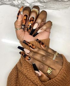 Tiger Print French Tip Nails, 70s Inspired Nails Acrylic, Fall Animal Print Nails, Black People Nails, Fall Birthday Nails, Tortoise Shell Nails, Creative Nail Designs