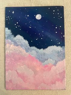 an acrylic painting of the night sky with stars and moon above clouds on canvas