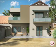 an artist's rendering of a two story house with balconies and patio furniture