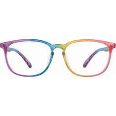 Rock the rainbow in these gorgeous limited edition square glasses. Amazingly versatile this look works well as both colorful glasses and chic sunglasses (try them with fashion-tinted lenses!). The matte TR90 plastic eyeglasses features clear interior and hints of glitter throughout the look which will get noticed wherever you go. | Zenni Square Prescription Eyeglasses Rainbow Plastic Colorful Glasses, Rainbow Sunglasses, Chic Sunglasses, God's Promise, Rim Design, Zenni Optical, Square Eyeglasses, Keke Palmer, Kids Glasses