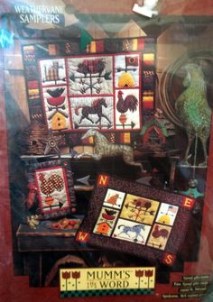 an advertisement for the museum of quilts in the world, featuring chickens and roosters