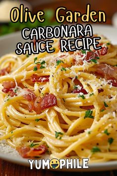 the cover of olive garden's carbonara sauce recipe is shown on a plate