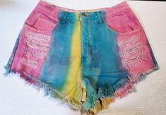 This is the actual pair of shorts you will receive  ! No Mysteries or Unwanted surprises and always  Ready to ship Vintage 80's  High Sierra  high waisted cut off colorful tie dyed denim shorts with frayed edges and distressed to total cuteness . Zipper  fly.  Label: London London Please be sure to use the measurements here to be sure these will be a good fit before buying them.  No returns for non fitting items.  Message me with any questions or help needed with measurements. --Approximate Meas Tie Dye Denim, High Waisted Shorts Denim, Tie Dyed, Waist Tie, High Waisted Denim, Short Outfits, Denim Shorts, Dye, Zipper