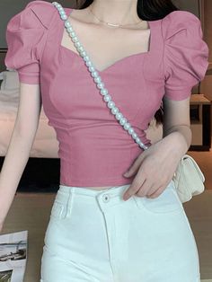 Women Solid Color Bubble Sleeve Short Shirt With Square Neckline Pink Casual,Elegant  Short Sleeve Fabric Plain  Non-Stretch Summer Women Clothing, size features are:Bust: ,Length: ,Sleeve Length: Myanmar Dress Design, Short Shirt, Rose Bonbon, Bubble Sleeve, Women Blouses, Short Shirts, Square Necklines, Kids Beachwear, Square Neckline