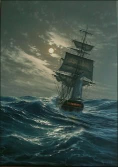 a painting of a sailing ship in the ocean at night with full moon behind it