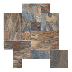 several different types of stone tiles in various colors and sizes, including brown, blue, gray