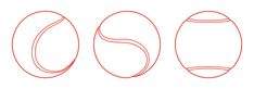 three oval shapes are shown in red on a white background, one is drawn to look like an egg and the other has a tennis ball