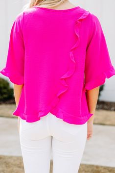 All You Have To Do Hot Pink Ruffle Blouse - Feminine Blouses – Shop The Mint Ruffle Hem Top For Night Out In Spring, Spring Ruffle Hem Top For Night Out, Ruffle Hem Tops For Spring Night Out, Spring Ruffle Hem Blouse For Night Out, Spring Night Out Blouse With Ruffle Hem, Chic Ruffle Hem Blouse For Night Out, Trendy Ruffle Sleeve Party Blouse, Trendy Ruffle Sleeve Blouse For Party, Chic Tops With Ruffled Collar For Night Out