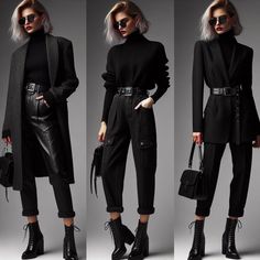 Comfy Rocker Outfits, Edgy Fancy Outfit, Rock Classy Outfit, Polished Edgy Style, Beatnik Fashion Women, Smart Casual Edgy Outfit, Office Punk Work Outfits, Punk Rock Professional Outfits, Professional Rocker Style