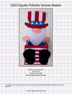 the patriotic gnome is knitted in red, white and blue