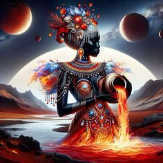 an artistic painting of a woman with fire coming out of her body, surrounded by planets