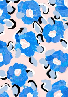 an abstract painting with blue flowers on a pink background