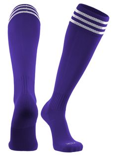 a pair of purple soccer socks with white stripes