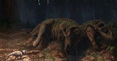 an artist's rendering of a dinosaur in the woods with trees and rocks around it