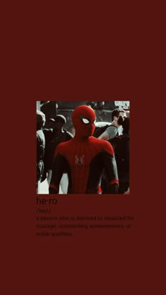 the spider - man is standing in front of a group of people with words on it