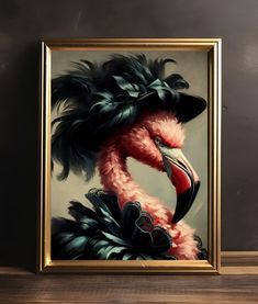 a painting of a pink flamingo wearing a black hat