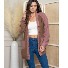 Mauve And Brown Color Block Button Up Cardigan. Pockets. Roll Collar. 100% Polyester Brand: Peace Love Mauve And Brown, Checker Vest, Polka Dot Vest, Oversized Shacket, Red Puffer Vest, Block Button, Light Wash Denim Jacket, Fringe Jeans, Embellished Denim Jacket