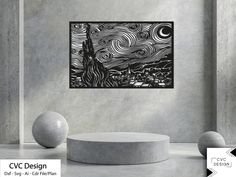 a black and white painting on a wall in a room