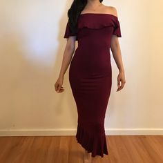 Gorgeous Burgundy Stretch Knit Dress Featuring An Off The Shoulder Flounce Layer Neckline, Flounce Hem, And Mermaid Silhouette. Brand New. Never Worn. Available In S, M, & L. Model Is Wearing A Small For Reference. 92% Polyester. 8% Spandex. No Trades. Bundle For Discount. Casual Burgundy Midi Dress For Party, Fitted Burgundy Maxi Dress For Summer, Stretch Knit Dress, Mermaid Silhouette, Off The Shoulder Dress, Knit Dress, Off The Shoulder, Shoulder Dress, Colorful Dresses