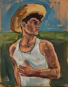 a painting of a man wearing a straw hat and holding his arms crossed in front of him