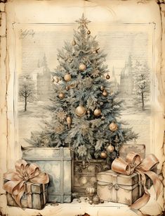 a painting of a christmas tree with presents under it and an old - fashioned background