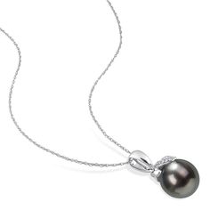 Ross-Simons - 9.5-10mm Black Cultured Tahitian Pearl Pendant Necklace, Diamond Accents. 17". Luxuriate in a beautifully bold style. Our superb pendant necklace presents a luminous 9.5-10mm black cultured Tahitian pearl iced in artful diamond-accented curves. Finely crafted in polished 14kt white gold and suspended from a Singapore chain. Springring clasp, black pearl pendant necklace. Tahitian pearls are unique and may vary. Pearl birthstones are the perfect gift for June birthdays. Black Pearl Pendant, Pendant Necklace Diamond, Tahitian Pearl Pendant, Necklace With Diamond, Pearl Birthstone, Necklace Diamond, Bold Style, Pearl Pendant Necklace, Tahitian Pearls