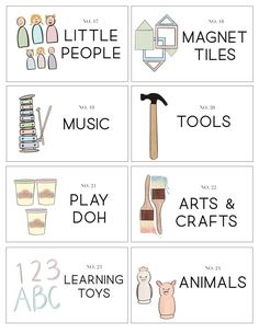 four different types of art and crafts cards with the words, little people, music, arts