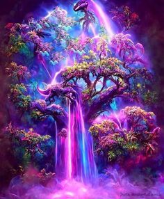 a painting of a waterfall and trees in the middle of a forest with rainbow colors