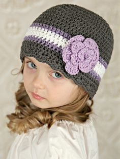 4T to Preteen Elephant Gray, Grape, White, & Lavender Striped Flapper Beanie by Two Seaside Babes Girls Hat Pattern, Crochet Baby Cap, Baby Winter Hats, Crochet Kids Hats, White Lavender, Crochet Beanie Pattern, Cap Patterns, Flower Hat, Crochet Cap