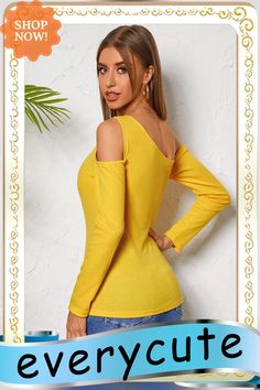 Solid Off-shoulder Long Sleeve Skinny T-shirt for Women Casual Solid Color One Shoulder Top, Casual One-shoulder Top In Plain Color, Casual Solid Color One-shoulder Top, Stretch Cold Shoulder Top, Solid Color Stretch Cold Shoulder Tops, Yellow One Shoulder Top For Summer, Casual Yellow Off-shoulder Top, Yellow Fitted Off-shoulder Tops, Fitted Off-shoulder Yellow Tops