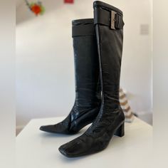 Beautiful Paco Herrero Boots Made In Spain. These Are Absolutely Phenomenal. They Have Such Character And Style, And A Unique Toe Shape That I Have Rarely Seen But Is So Elegant. Size 38 (7.5 Us Size Approx) With A 13” Upper (From Top Of Boot To Ankle). 2” Chunky Heel. Seamed Straight Down The Middle Of The Shoe From Top To Toe, With A Graceful Square Toe Shape. A Substantial But Not Chunky Buckle Graces The Top Of The Calf. Gorgeous And Unique, These Were Worn 4x Total. They’ve Been Stored With Fitted Heeled Boots With Buckle Closure And Pointed Toe, Vintage Black Heeled Boots For Formal Occasions, Classic Fitted Boots With Buckle Closure, Fitted Boots With Buckle Closure For Work, Fitted Workwear Boots With Buckle Closure, Fitted Vintage Black Boots, Fitted Vintage Boots For Business, Business Boots With Buckle Closure, Fitted Business Boots With Buckle Closure