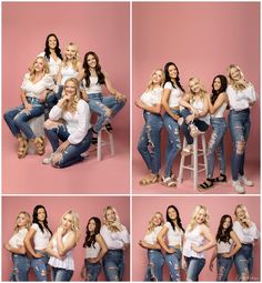 four different pictures of women posing for the same photo, all in white shirts and jeans