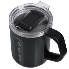 a black coffee cup with a plastic lid and an insulated clip on the side