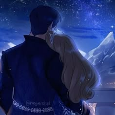 a man and woman looking at the stars in the night sky, with their backs to each other