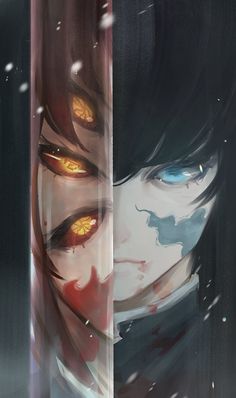 two anime characters with yellow eyes and black hair