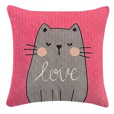 a pink pillow with a grey cat on it